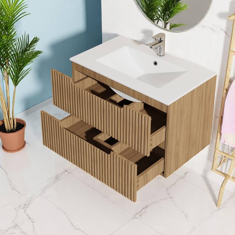 30" Wall-Mounted Bathroom Vanity with Drop-In Ceramic Sink, MDF Cabinet, Modern Floating Design - Faucet Not Included