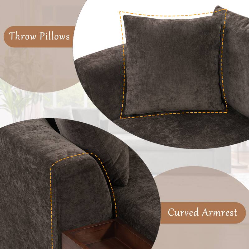 Modern L-Shaped Chenille Sectional Sofa with Wooden Storage Compartment and Matching Pillows for Living Room