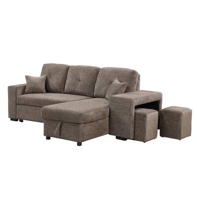 Reversible Sleeper Sectional Sofa Bed Pull-out L-shaped Sofa Bed Corner Sofa-Bed with Side Shelf and 2 Stools, for Living Room