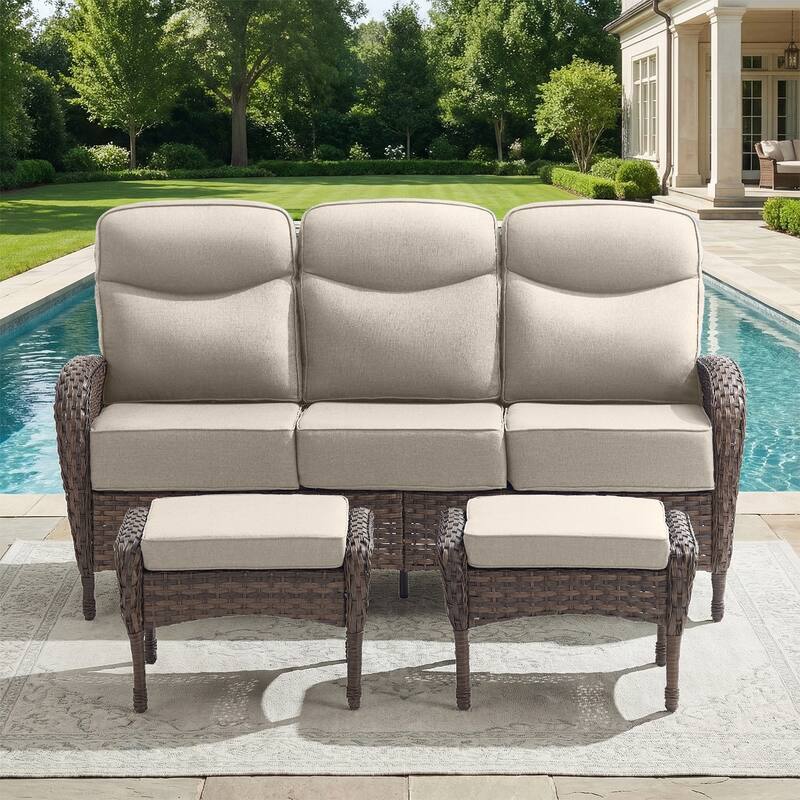 Pocassy Outdoor Wicker Patio Sofa with Ottomans - Brown Wicker Beige Cushion - 3-Piece Sofa with Ottoman