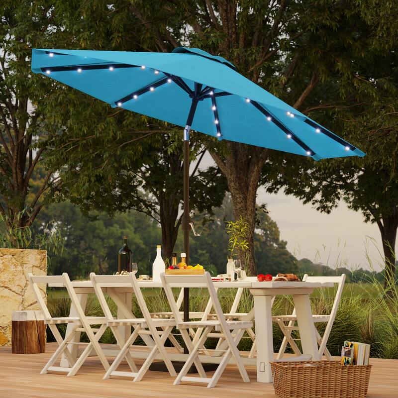 BONOSUKI Patio 9Ft LED Market Umbrellas With Solar Lights, Table Umbrella for Patio and Outdoor With Tilt Button - Lake Blue