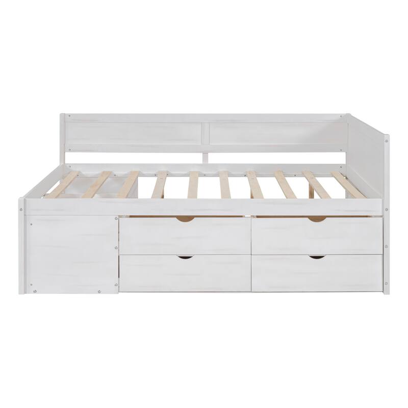 Pine Wood Daybed Frame with 4 Storage Drawers & Shelves
