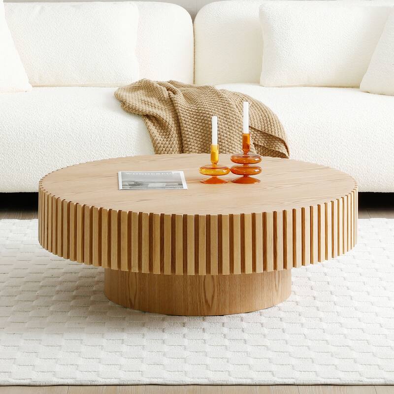 31.49'' Round Wood Coffee Table for Living Room, Modern Handcraft Drum Coffee Table, Circle Wooden Coffee Table