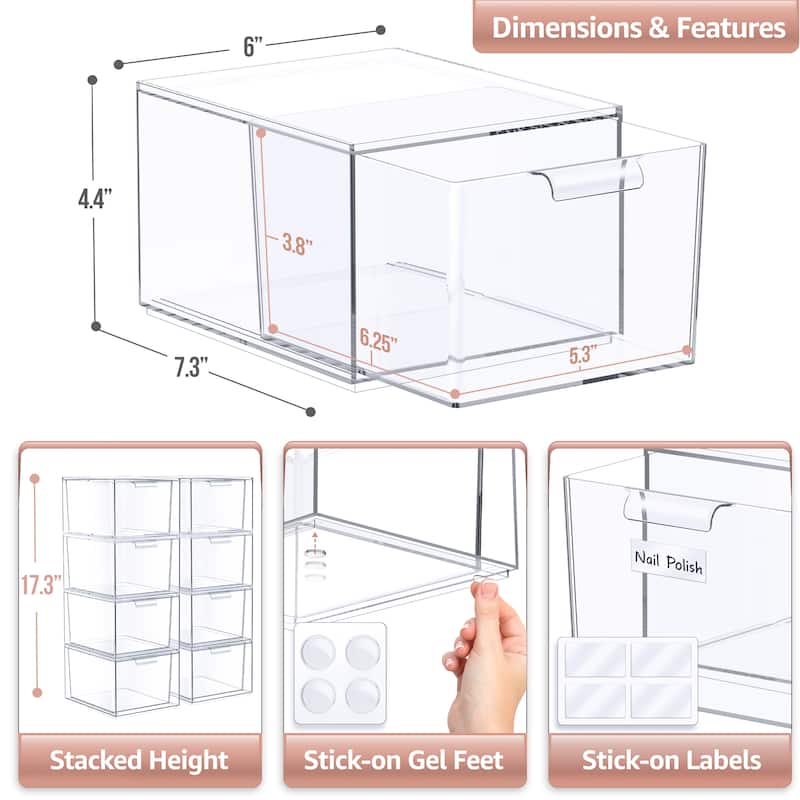 Sorbus Acrylic Cosmetic Vanity Makeup Organizer Drawer 8 Pack Clear Stackable Bathroom Undersink Cabinets Jewelry Office Storage