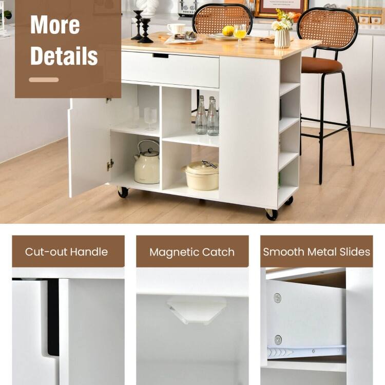 Drop-Leaf Kitchen Island with Rubber Wood Top - 49" x 30" x 36"(L x W x H)
