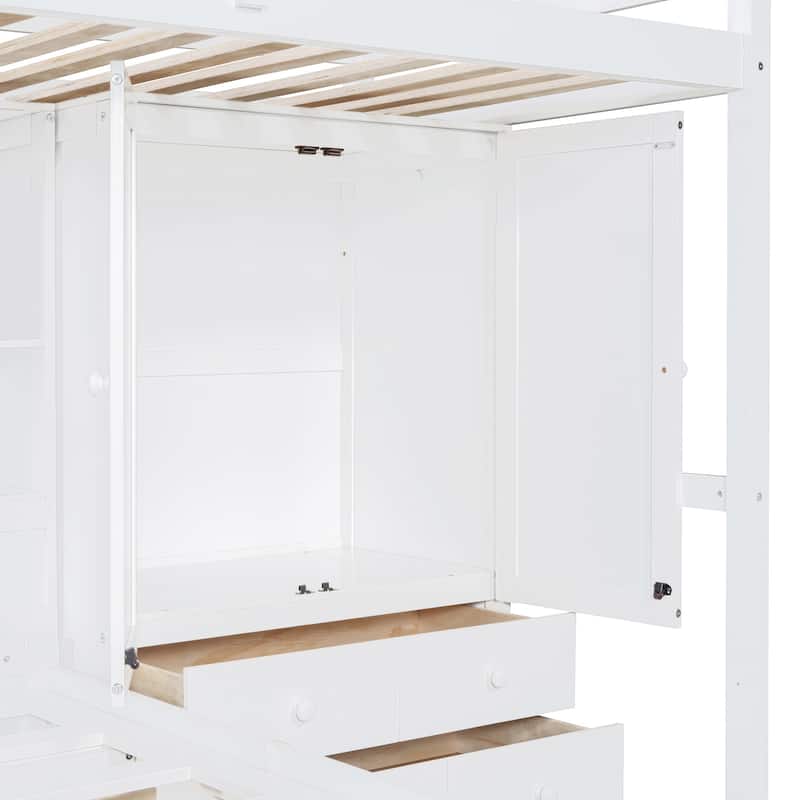 Twin Bunk Bed w/ Drawers, Wardrobe, Storage Shelves and Hydraulic Bed
