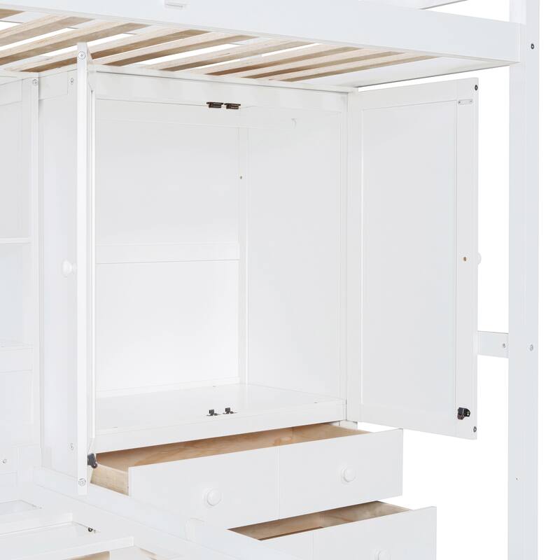 Twin over Twin Wooden Bunk Bed with Built-In Wardrobe Design and 6 Drawers,Hydraulic Lift Storage Bed