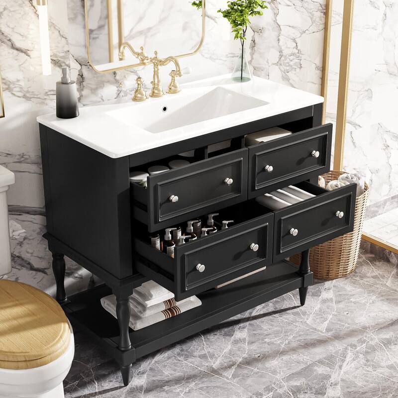 Bathroom Vanity with Ceramic Sink, Solid Wood Vanity Set with 4 Drawers, Bathroom Storage Cabinet with Open Shelf