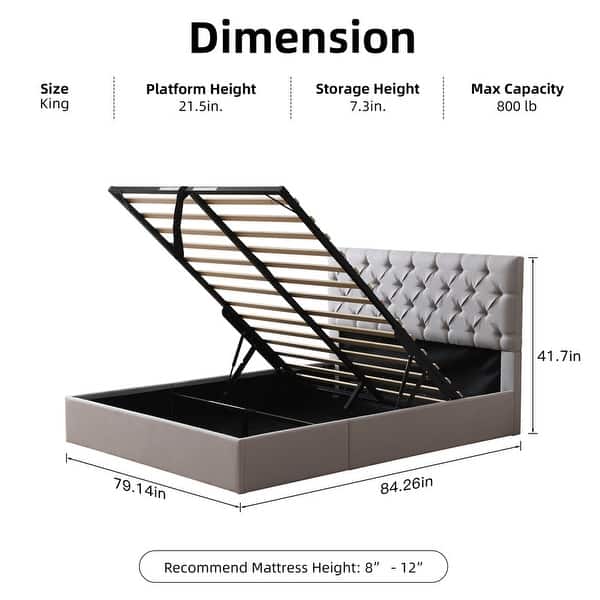 dimension image slide 5 of 9, Plywood Frame Upholstered Platform Bed with Lift-up Storage