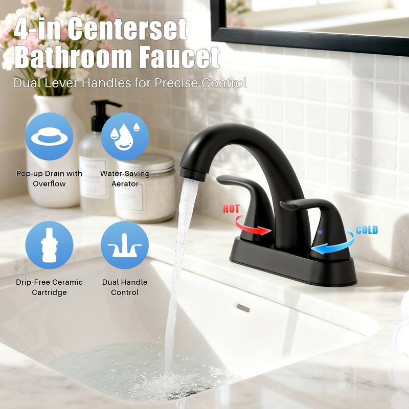 WOWOW 4 in. Centerset Double Handle High Arc Bathroom Sink Faucet