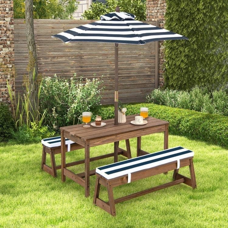 Brown-White-Navy Fir Wood Kids Picnic Table Set with Umbrella - Table: 35" x 17.5" x 20"