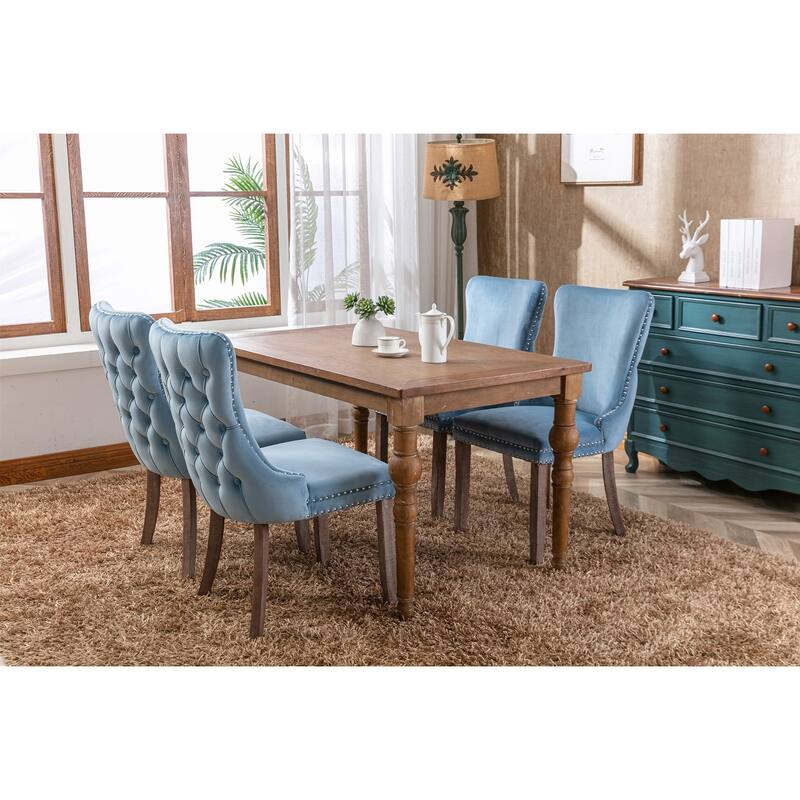 Velvet Upholstered Dining Chair Set of 2, Wing-Back Kitchen Chairs with Backstitching Nailhead Trim and Solid Wood Legs