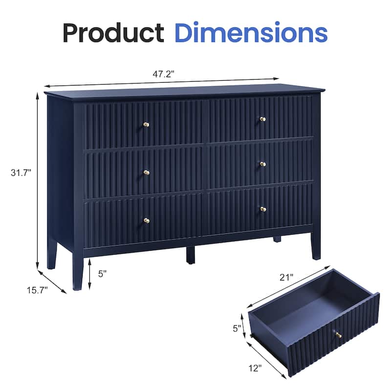 6 Drawer Dresser Fluted Modern with 5 Colors Available | High Weight Capacity Wood Dresser for Bedroom
