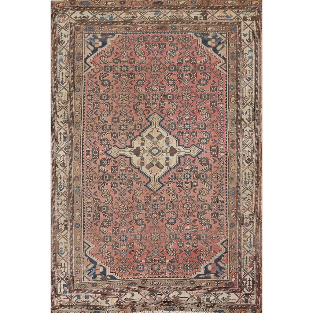 Pink Geometric Hamedan Persian Vintage Area Rug Handmade Wool Carpet - 4'8" x 6'10"