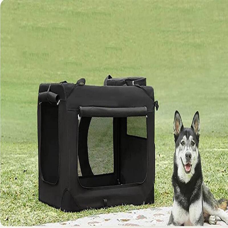Black Portable Collapsible Pet Crate with Metal Frame and Handle, Storage Pockets