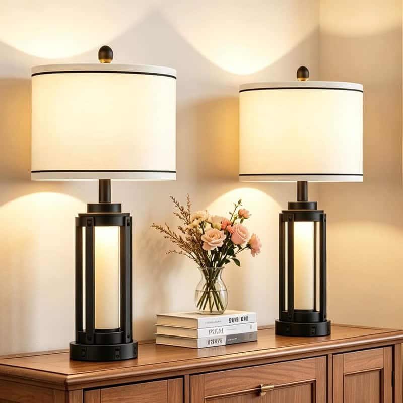 25.5" Industrial Modern USB Table Lamp Set with Night Light, Built-in Outlet(Set of 2) - 12'' x 12'' x 25.3'' (L x W x H) - 12'' x 12'' x 25.3'' (L x W x H) - Black