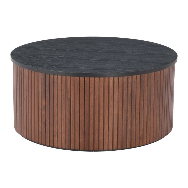 HomeRoots 32" Black and Walnut Wood Round Drum Coffee Table - 32.00 in. x 14.20 in. x 32.00 in.