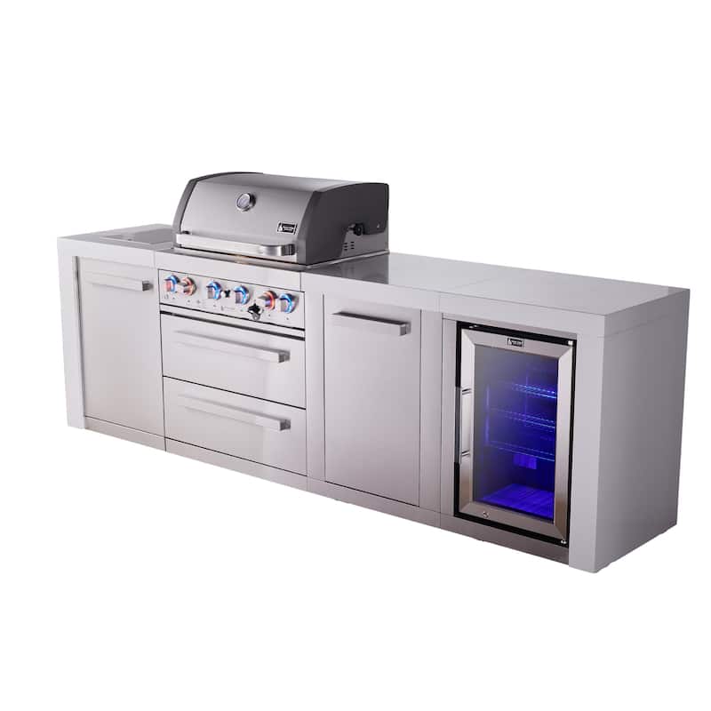 Mont Alpi 107"W x 23"D Deluxe Stainless Steel Premium Modular Outdoor Kitchen Island with Refrigerator + 32"W 4-Burner BBQ Grill
