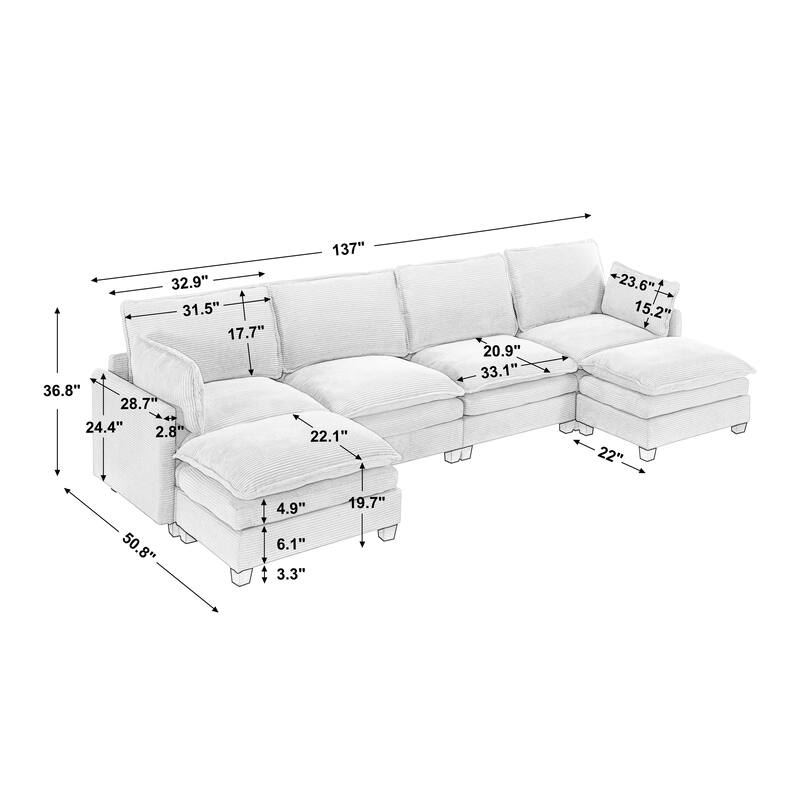 137" Velvet U-Shaped Sectional Sofa with 2 Ottomans, Deep Seat