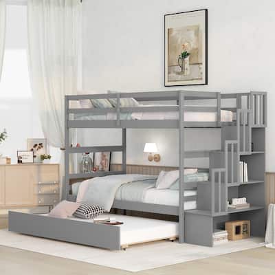 Gray Twin over Twin Bunk Beds with Twin Trundle and Stairway Storage Function