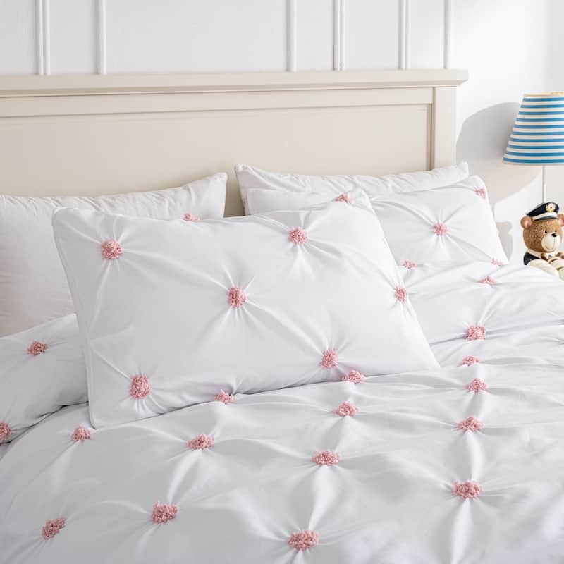 WHOLINENS Microsuede Embroidered Pinch Pleat Duvet Cover Set 3pcs
