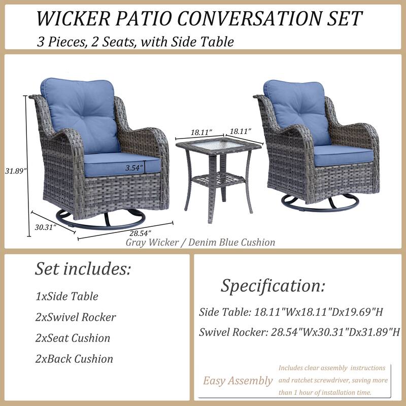 3 Piece Outdoor Patio Conversation Wicker Furniture Swivel Chairs Sets