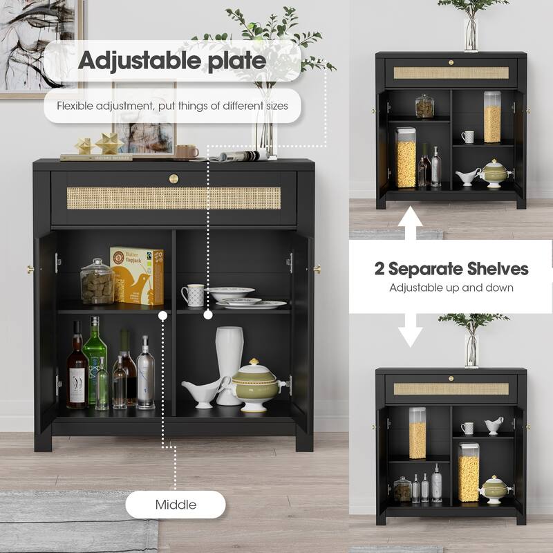 Anmytek 2-Door Black Rattan Cabinet with Drawer Storage Sideboard Buffet 31.5"W x 13.7"D x 32.8"H