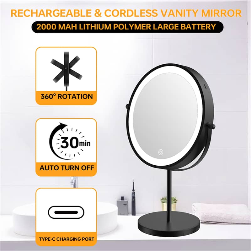 1X/10X 360 Rotation Makeup Mirror w/ Lights and 3 Color Lighting Dimmable