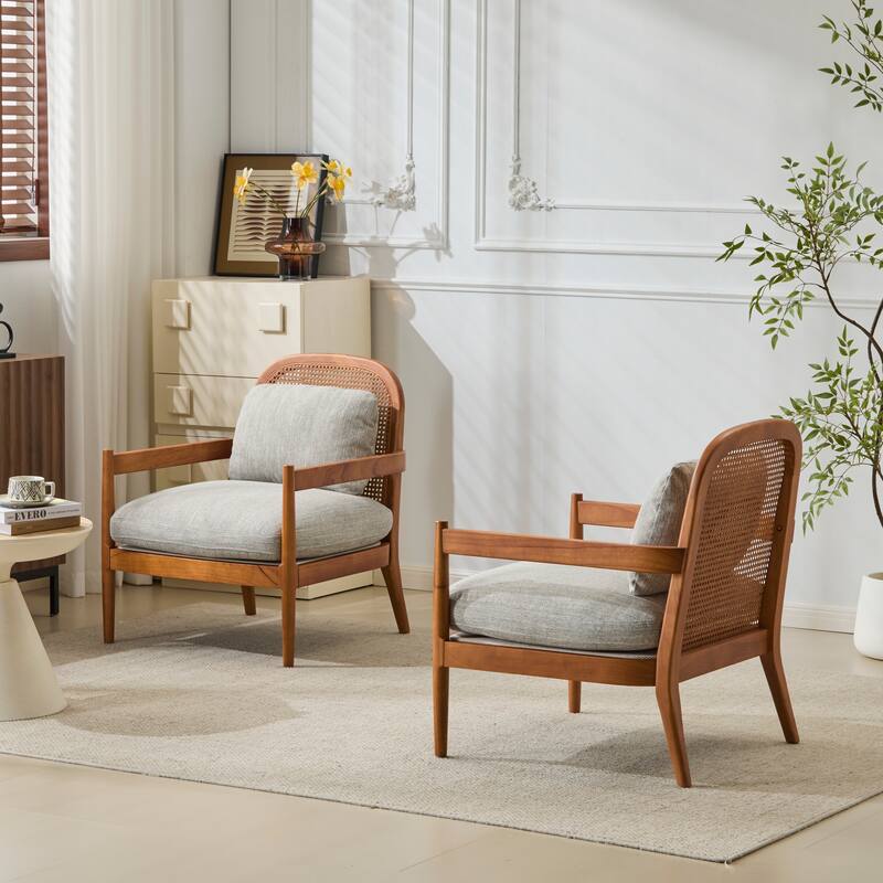 [Set Of 2] 26.6" Accent Chair With Walnut Finish Solid Wood Frame And Rattan Backrest,Comfy Armchairs
