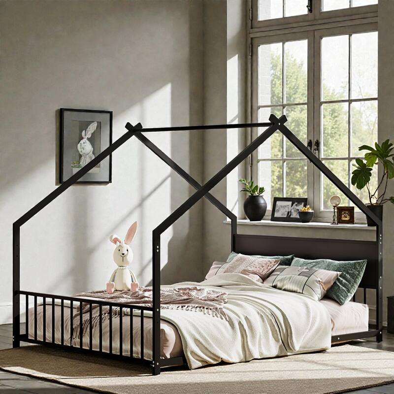 House Bed Frame with Roof & Colorful LED Lights, Metal Kids Floor Bed with Slats, Boys Girls Teens Canopy Bed, No Box Spring - Black - Full