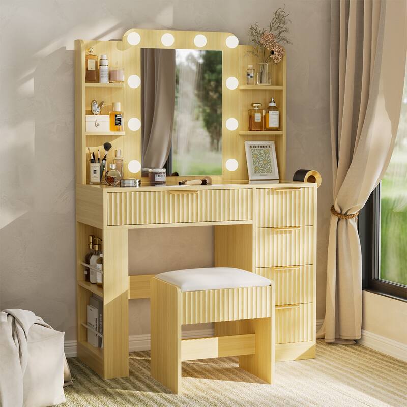 Transparent Tabletop Makeup Vanity Table / 2-Piece Vanity Desk and Stool Set with Charging Station