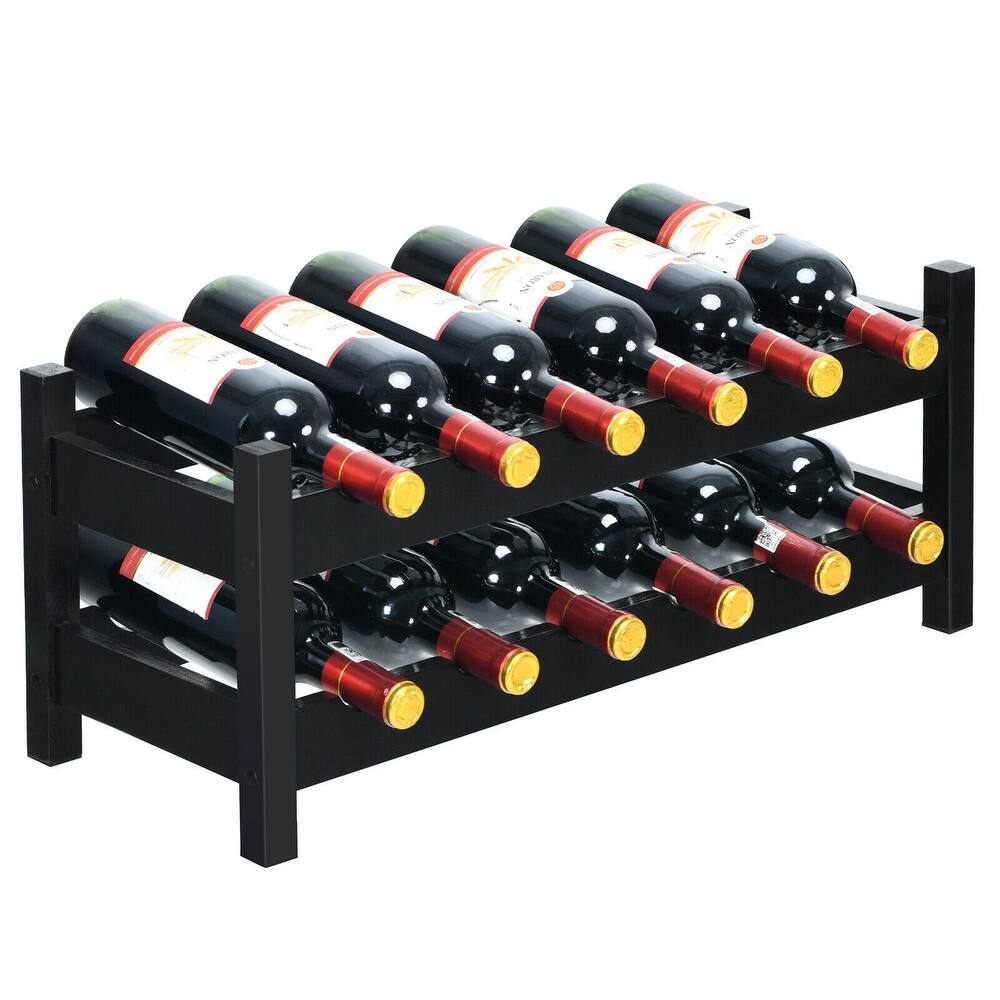 Gymax 2-Tier Bamboo Wine Rack 12 Bottles Display Storage Shelf Holder