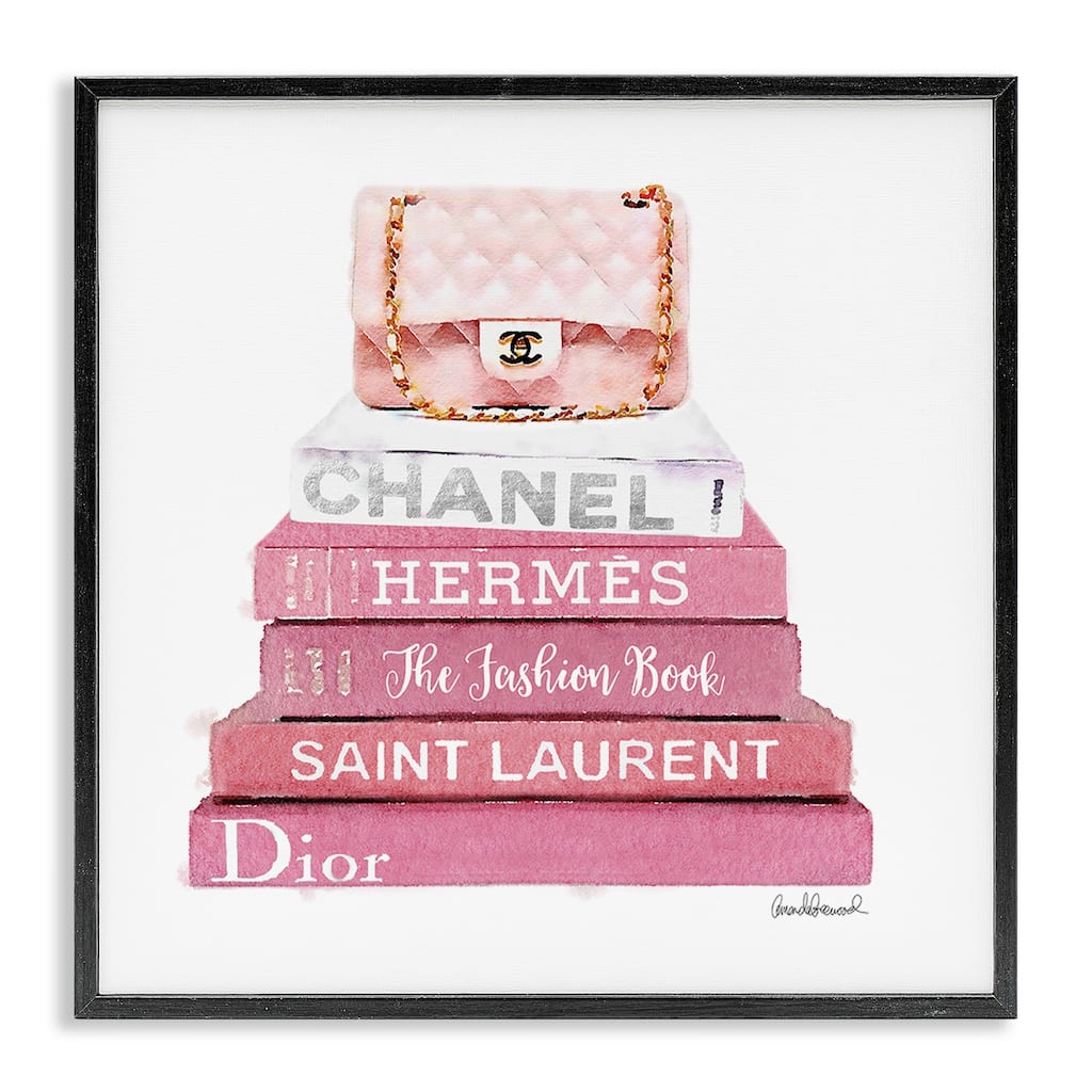 Stupell Pink Fashion Book Stack Handbag Framed Wall Art