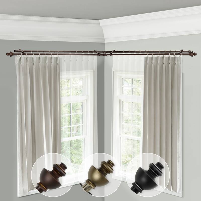 Corner Window Curtain Rod Double, Adjustable Length 120-170", Antique Brass Decorative Curtain Rod Set - M