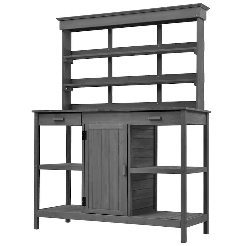 Roomfitters 66" Large Farmhouse Outdoor Potting Bench Table with 2 Drawers, Cabinet and Open Shelves, Gray