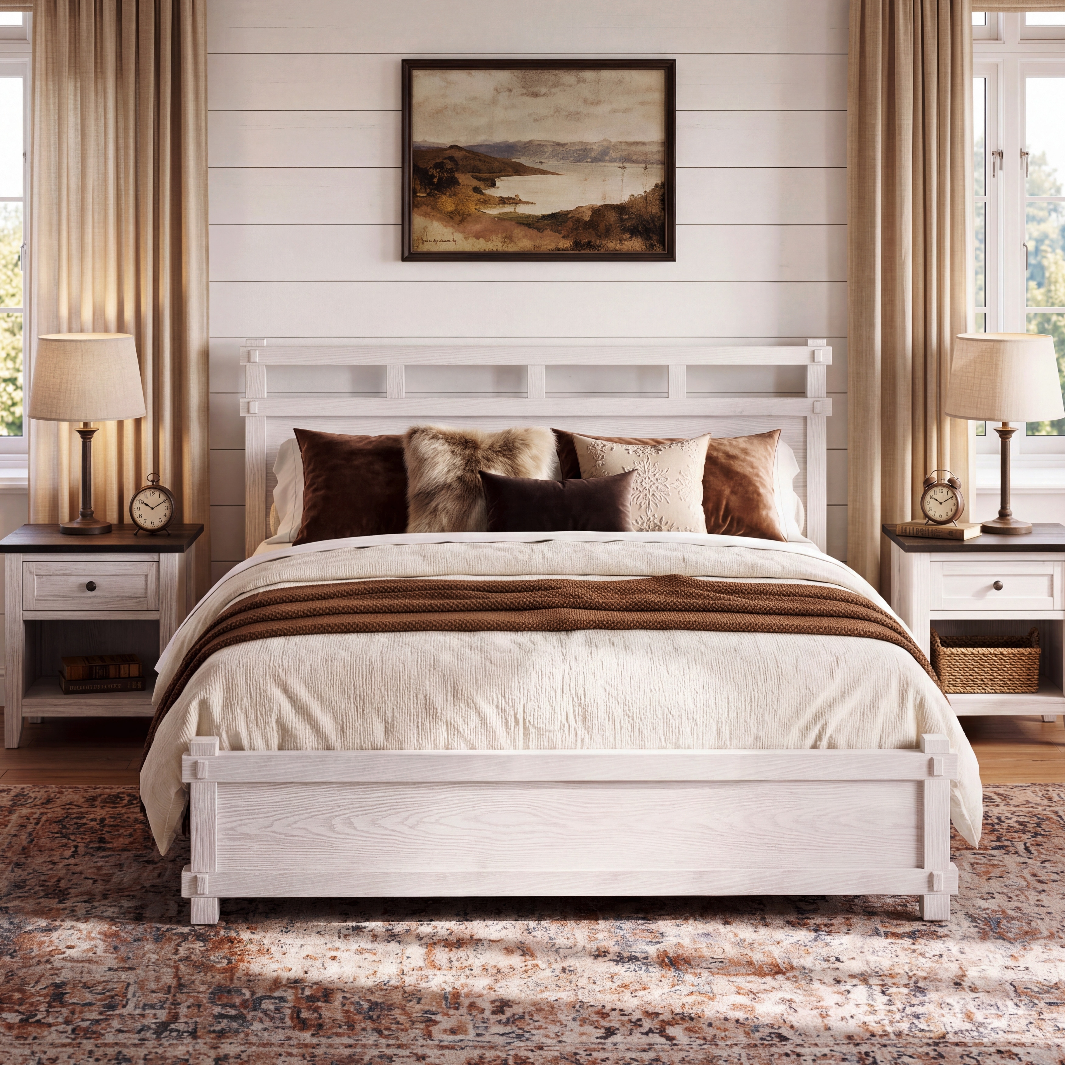 Christopher Knight Home - Farmhouse Platform Bed Frame with 2-Tier Headboard & Solid Wood Slat Support, No Box Spring Required