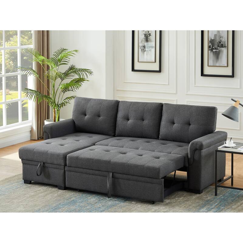 Linen Reversible Sleeper Sectional Sofa with Storage Chaise, Dark Gray