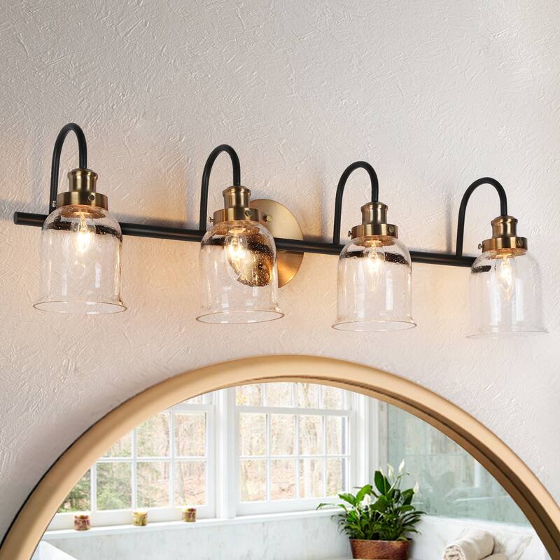 Kesa Modern 4-Light Black Gold Linear Bathroom Vanity Light Seeded Glass Wall Sconces