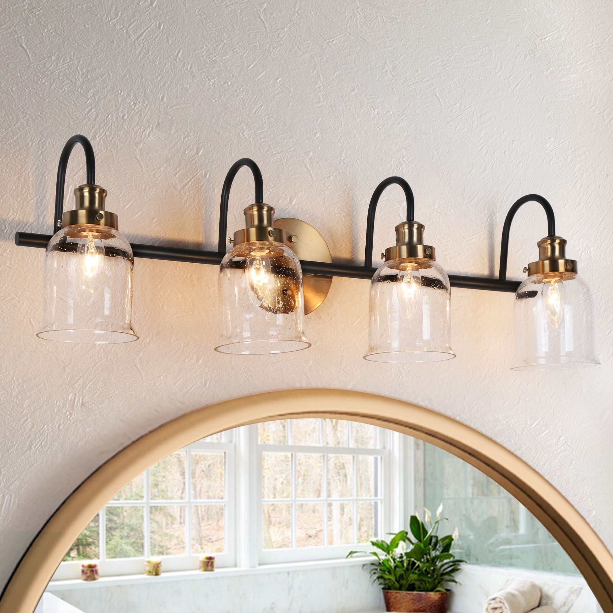 Kesa Modern 4-Light Black Gold Linear Bathroom Vanity Light Seeded Glass Wall Sconces