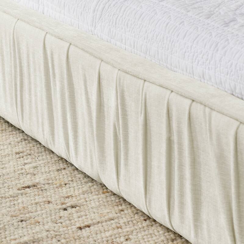 Roomfitters Queen Upholstered Chenille Fabric Platform Bed with Pleated Headboard, Solid Low Frame, No Box Spring Needed