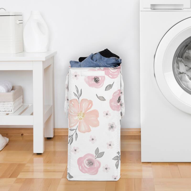 Sweet Jojo Designs Blush Pink Grey Boho Floral Girl Foldable Laundry Hamper with Handles Bohemian Farmhouse Shabby Watercolor