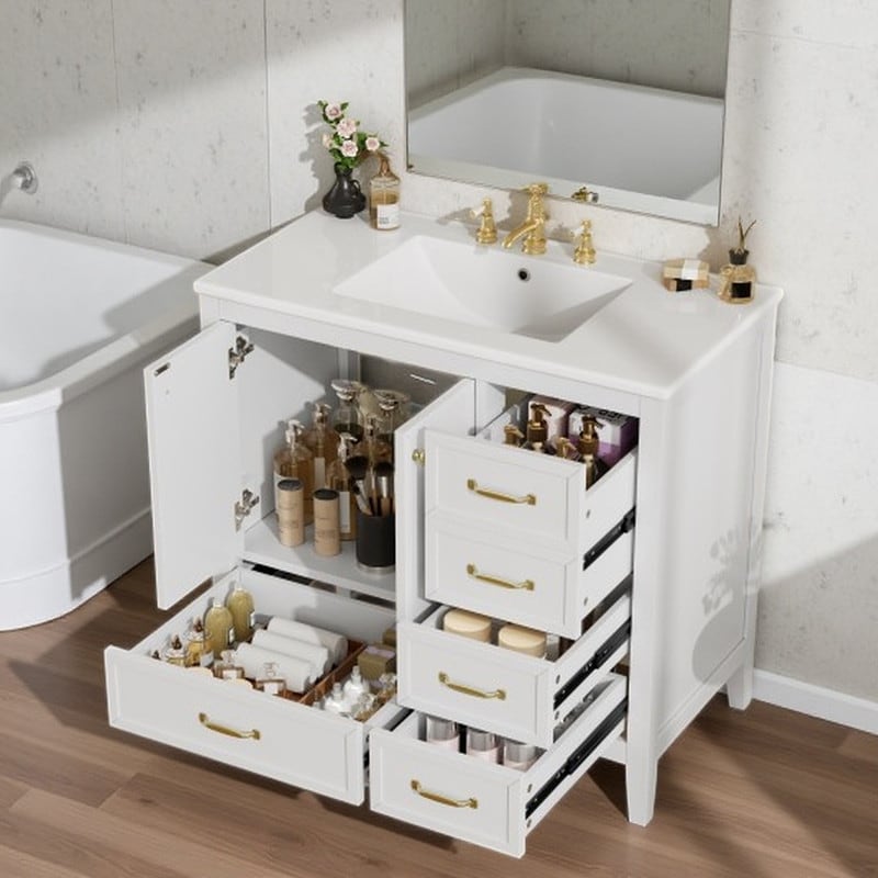 36" Freestanding Bathroom Vanity with Ceramic Sink, Solid Wood Frame & Legs, Multi-Drawer Storage Cabinet with Soft-Close Doors