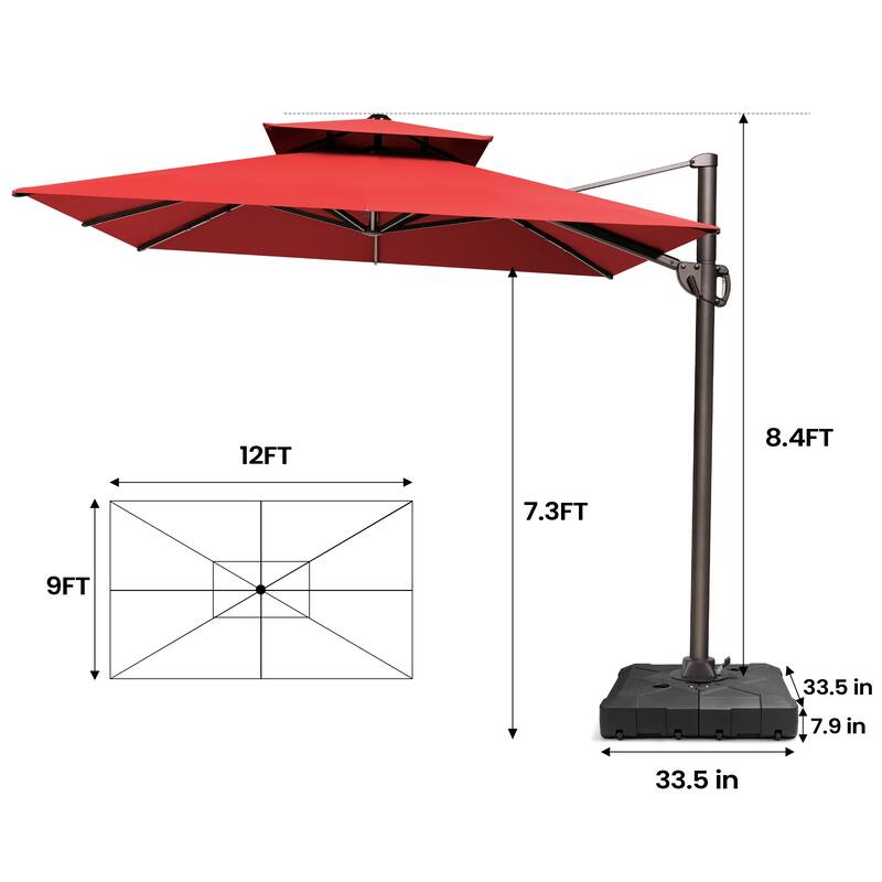 9 FT x 12 FT Outdoor Patio Dual Top Umbrella Cantilever Offset with Base