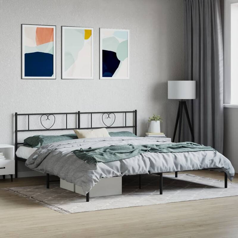 vidaXL California King Metal Bed with Headboard, Black, No Mattress