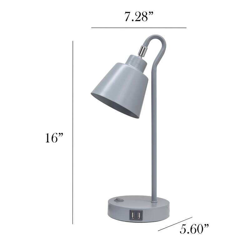 Modern Metal Desk Lamp with Dual USB Charging Ports Adjustable Arm Multiple Colors - 7.28” x 5.60” x 16”