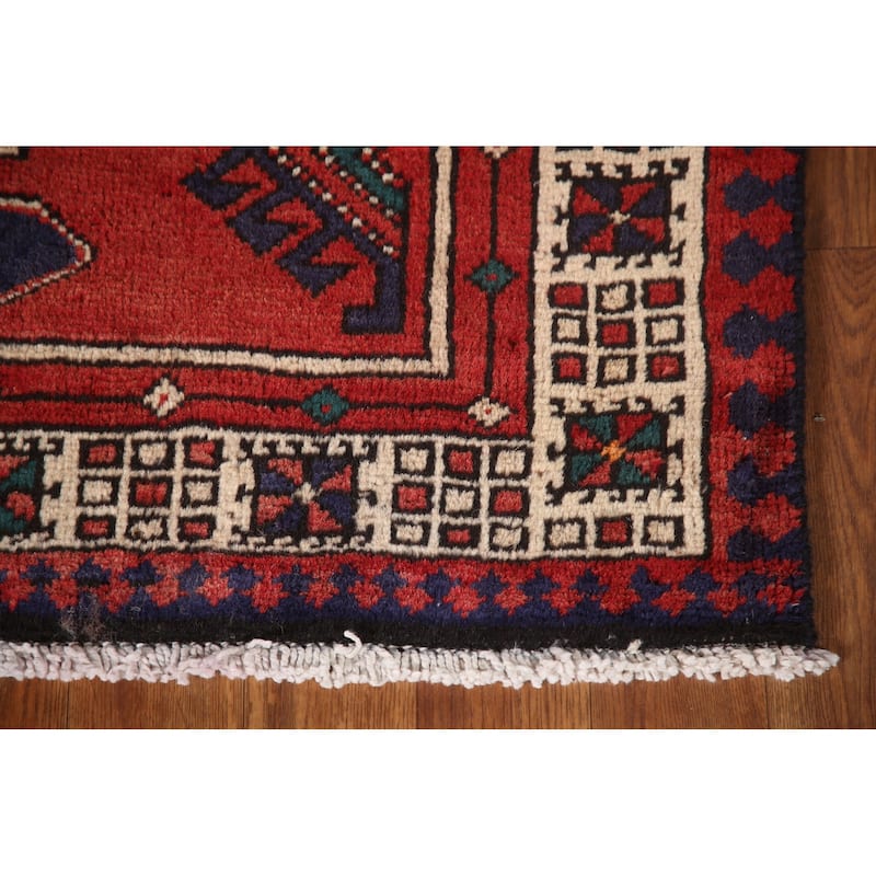 Red Ardebil Persian Vintage Runner Rug Handmade Wool Carpet - 3'2"x 9'8"