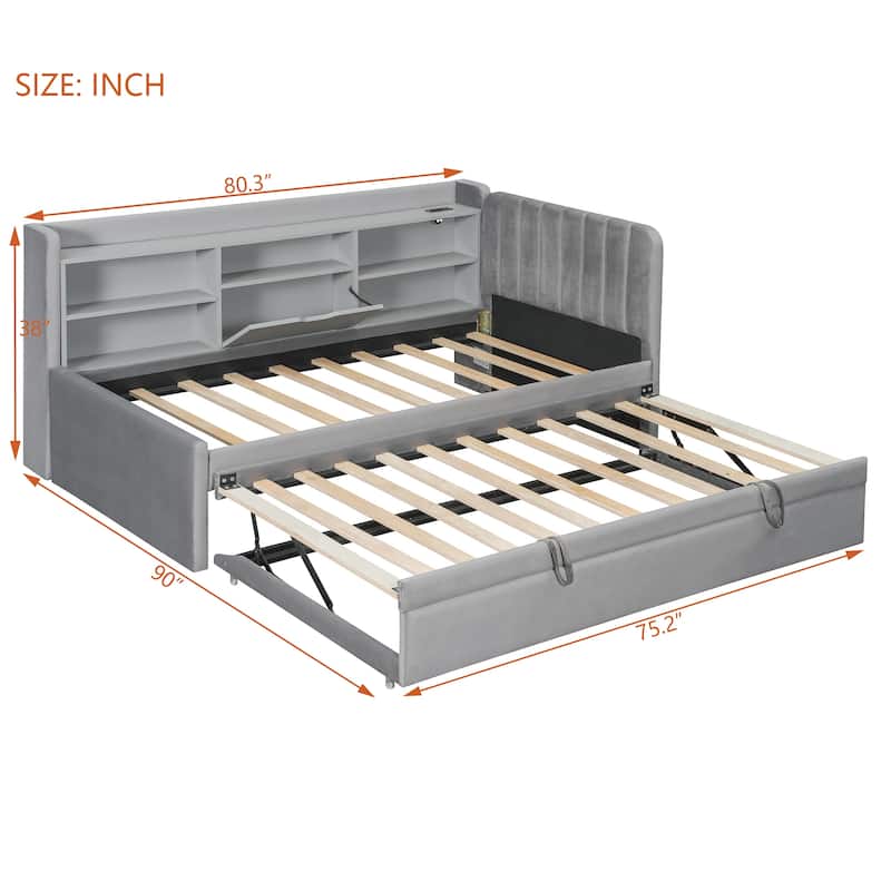Twin Size 2-in-1 Trundle Daybed with Storage and Charging Station,Built-in Shelves & Flip-Top Compartment