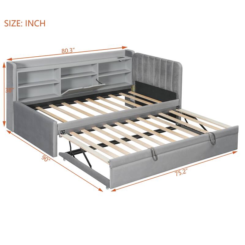 Twin Size Upholstered Daybed with Pop Up Trundle and Storage Shelves & Socket