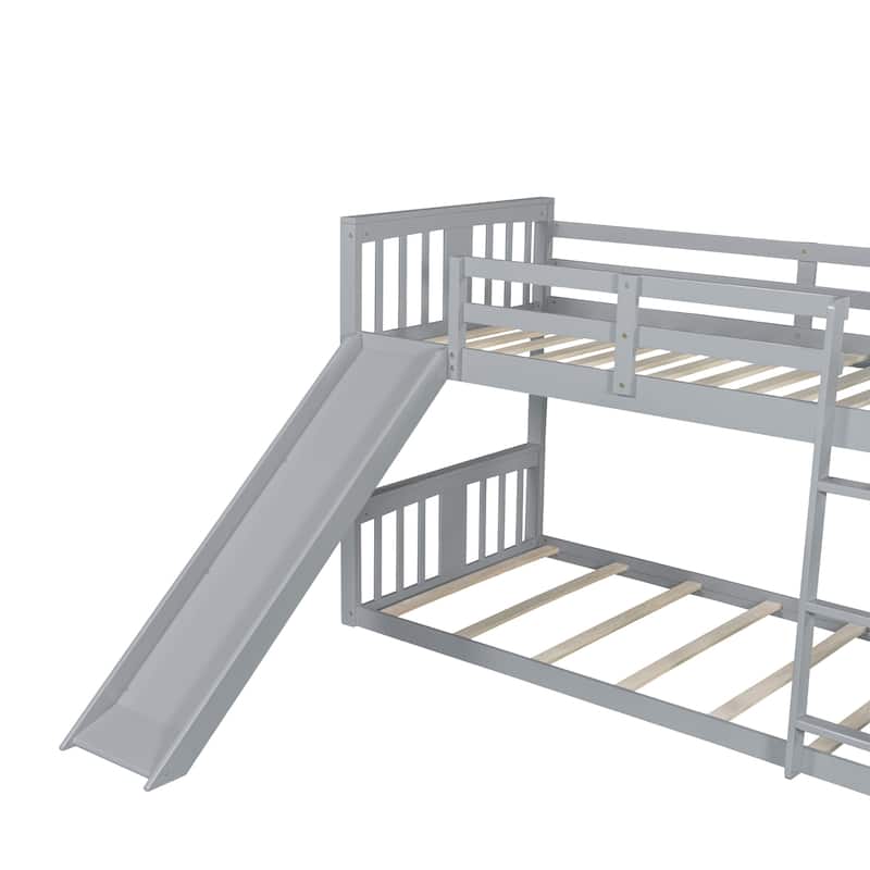 Wooden Twin Over Twin Bunk Bed with Slide and Ladder, Space-Saving Design for Kids and Teens