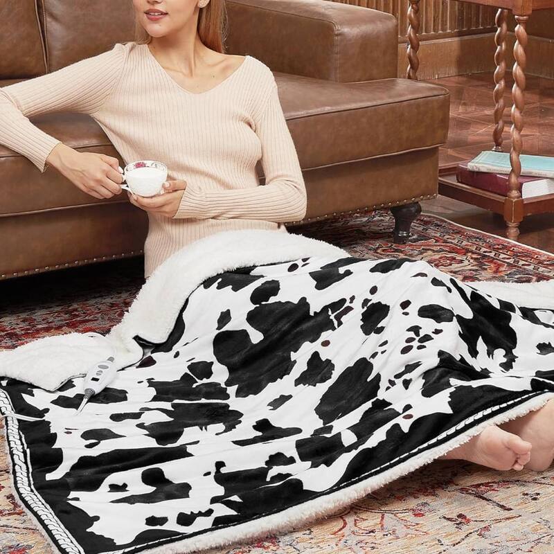 Cow Print 10 Heat Levels Electric Heating Blanket, Machine Washable, Black+White - 84"*90"